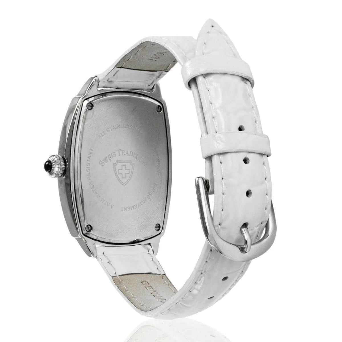 Swiss Tradition - Tonneau Crystal Accented White Leather Strap Watch